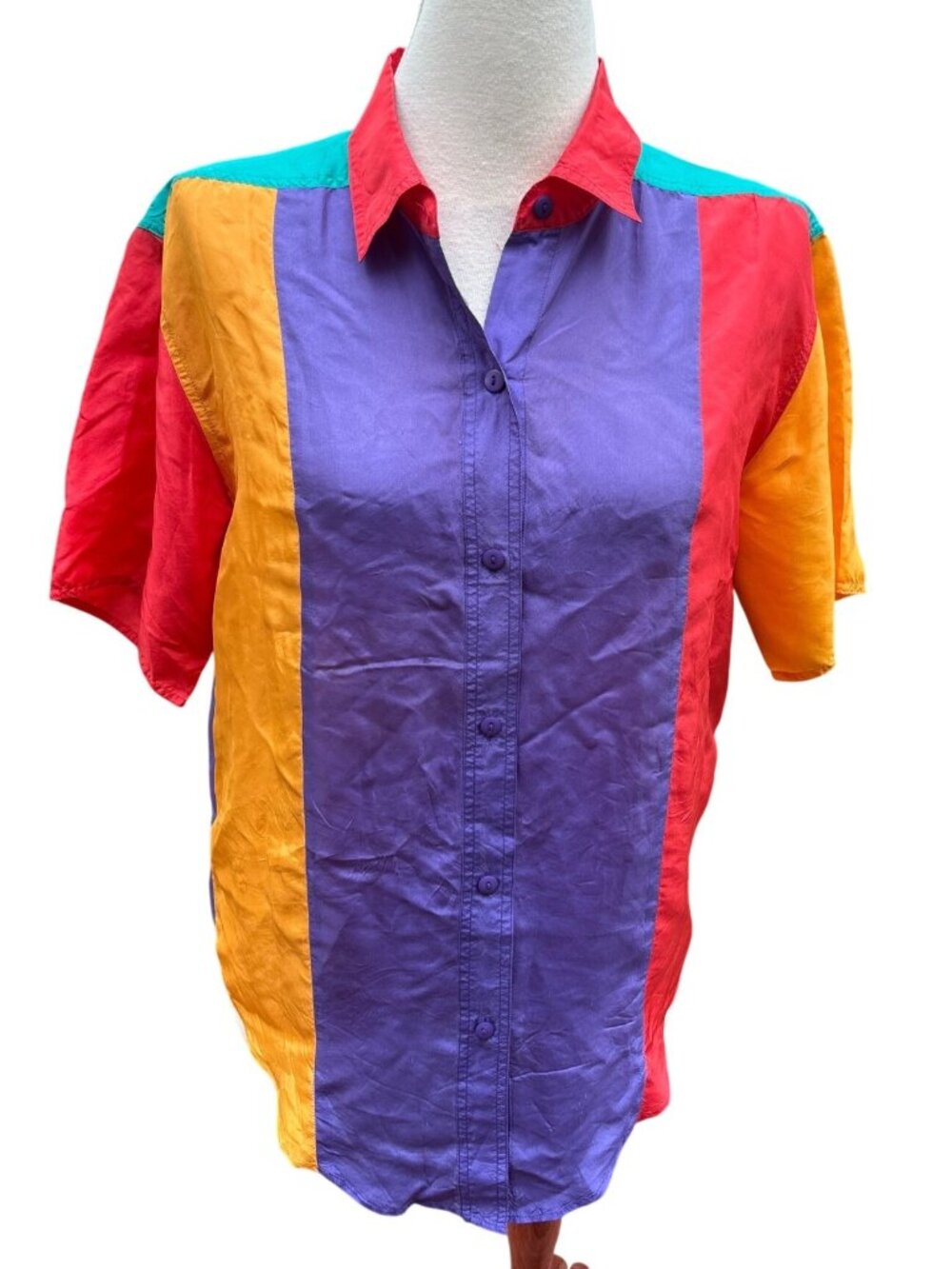 Colorblock Silk Shirt Button-Up Short Sleeve Size Small Red Purple Orange Light